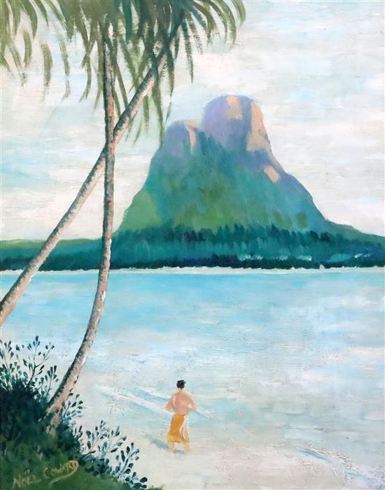§ Sir Noel Coward (1899-1973) Figure on a beach, The Pitons 19.5 x 15.5in.